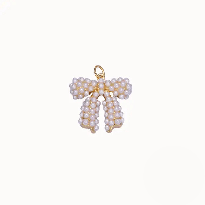 Pearl Bow Charm ~ 14K Gold Plated Brass and Faux Pearl
