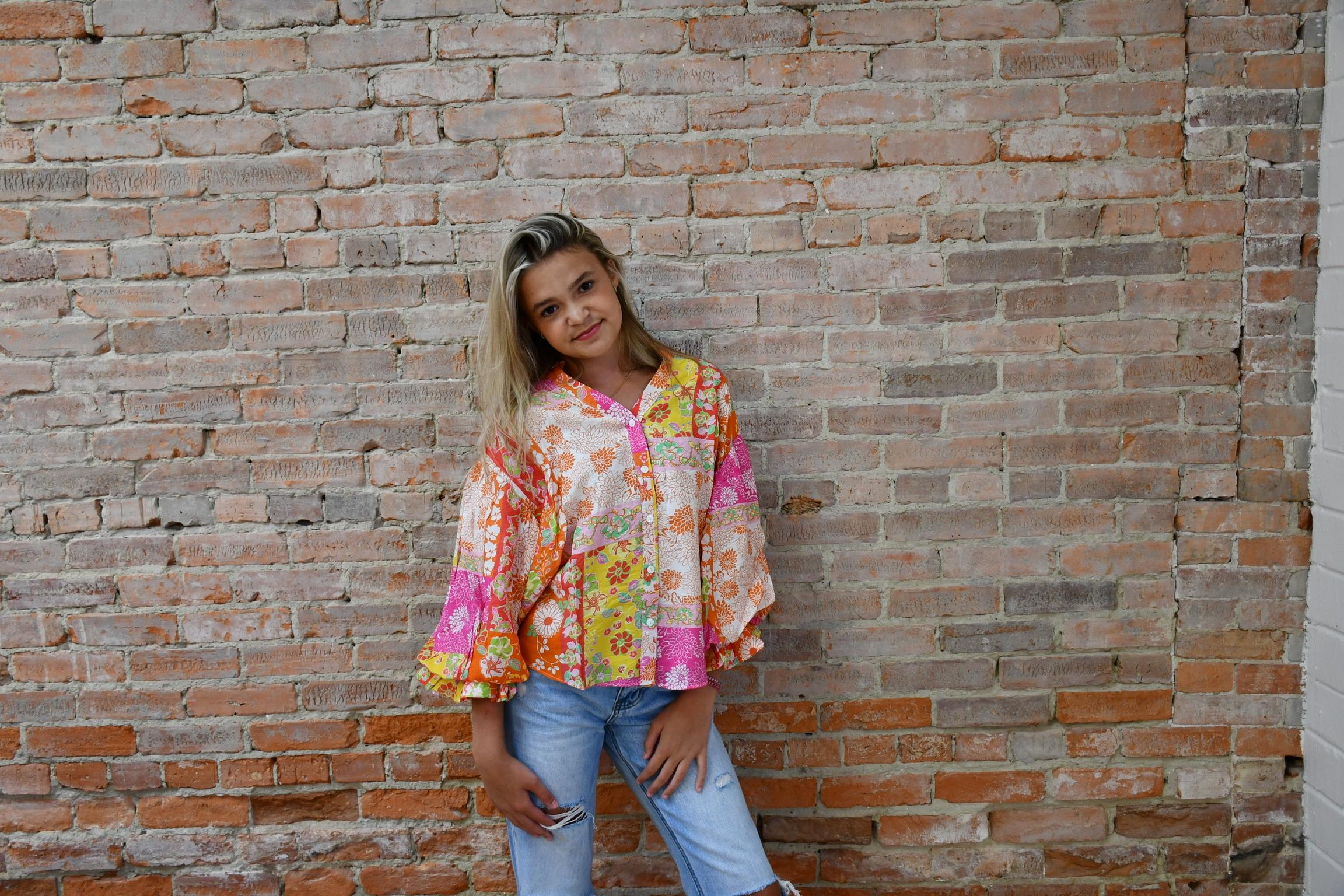 Orange Hot Pin Floral Patchwork Print Bubble Sleeve