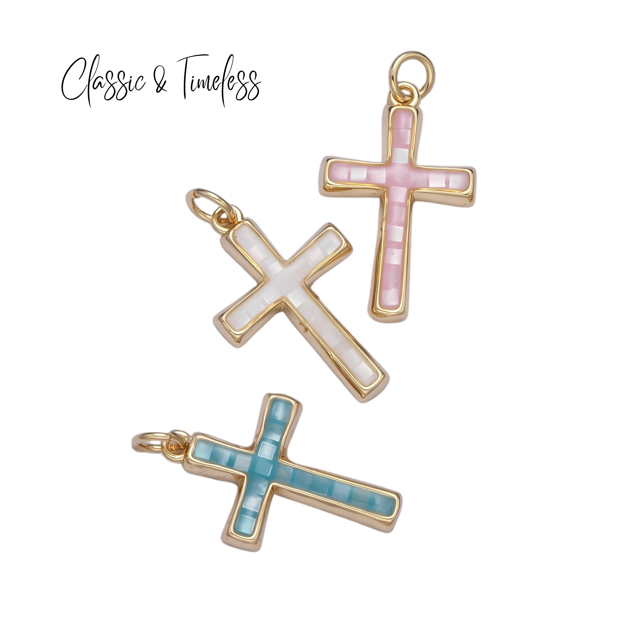 Mother of Pearl Cross Charm ~ 14k Gold Plated Brass