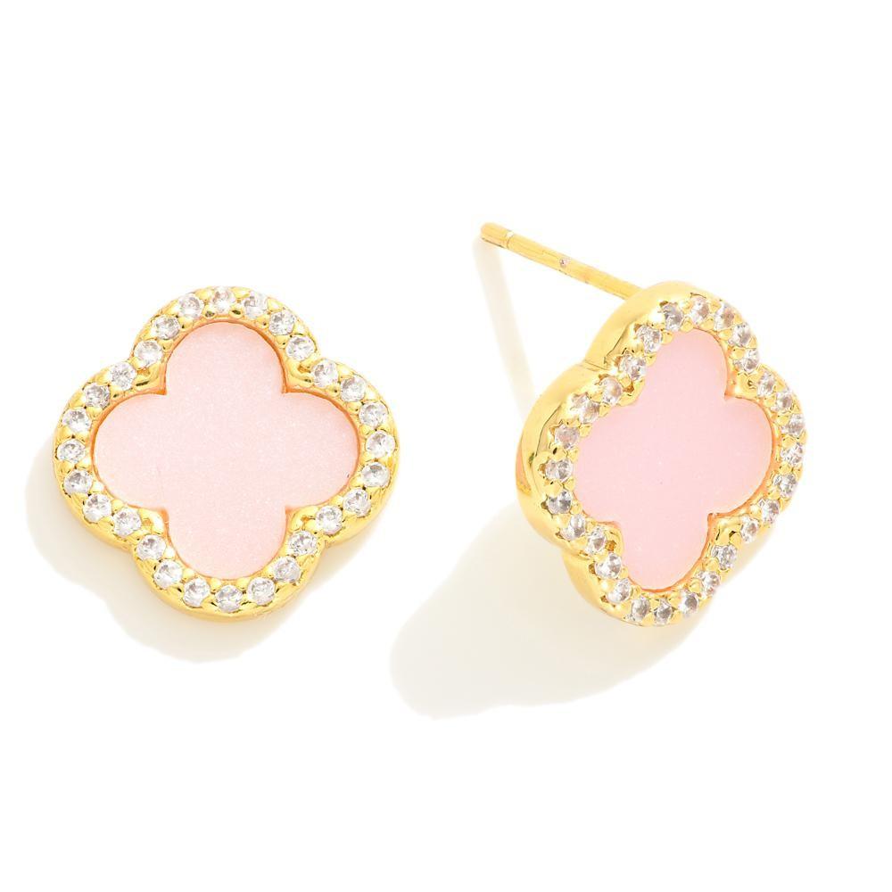 Gold Dipped Clover Stud Earrings With Rhinestone Border