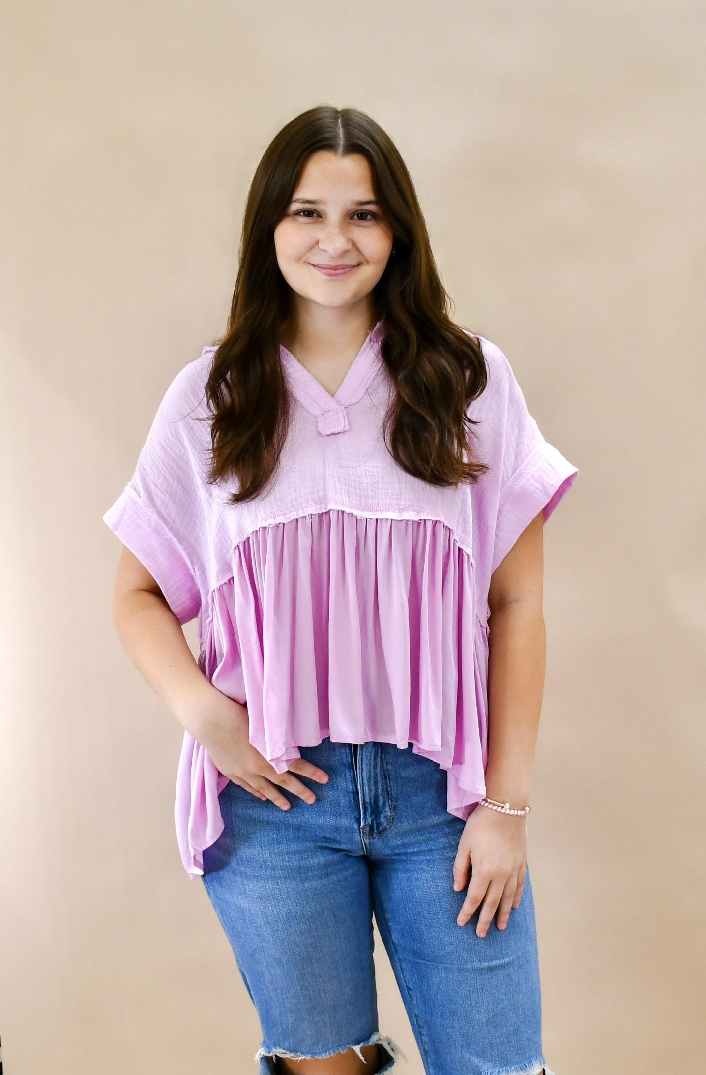 DUO FABRIC RAW EDGE RUFFLE HEM BLOUSE TOP