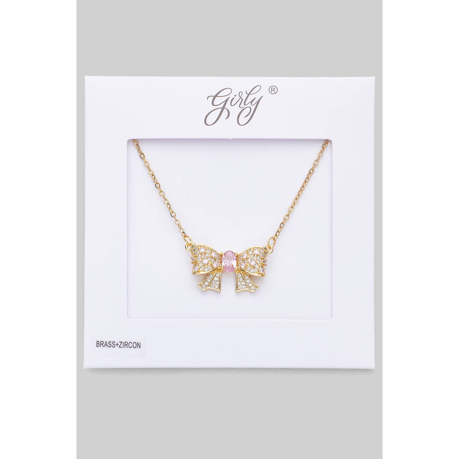 BRASS BOW PENDANT NECKLACE WITH CZ PAVE