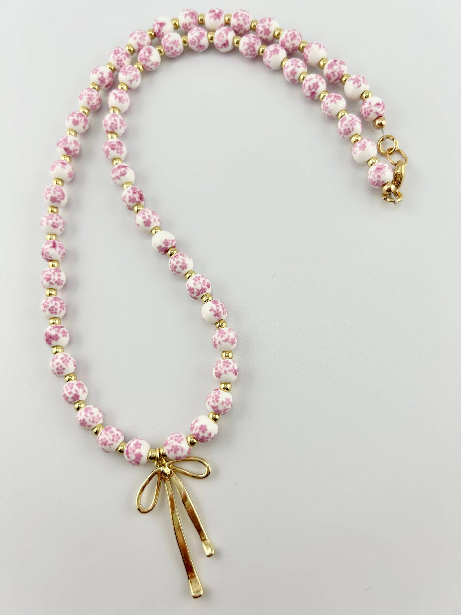Bow Necklace Floral Pink Gold