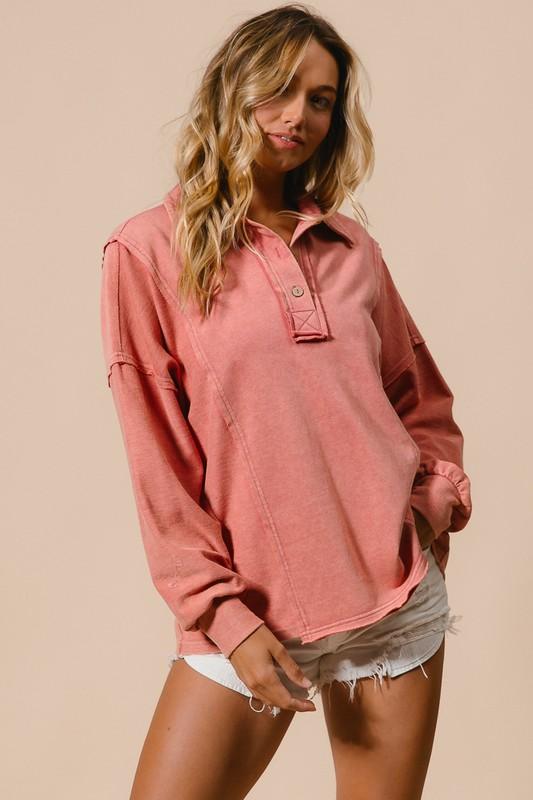 Washed French Terry Rever Block Buttoned Collared Top