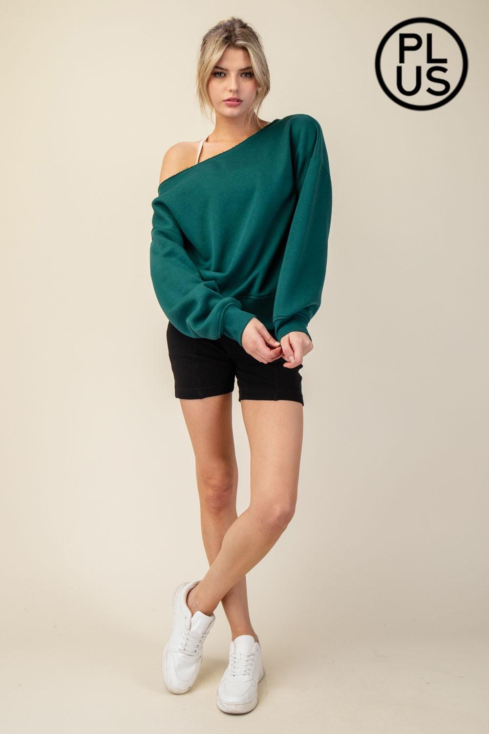 PLUS SIZE FRENCH TERRY FLEECE OFF SHOULDER SWEATSHIRT