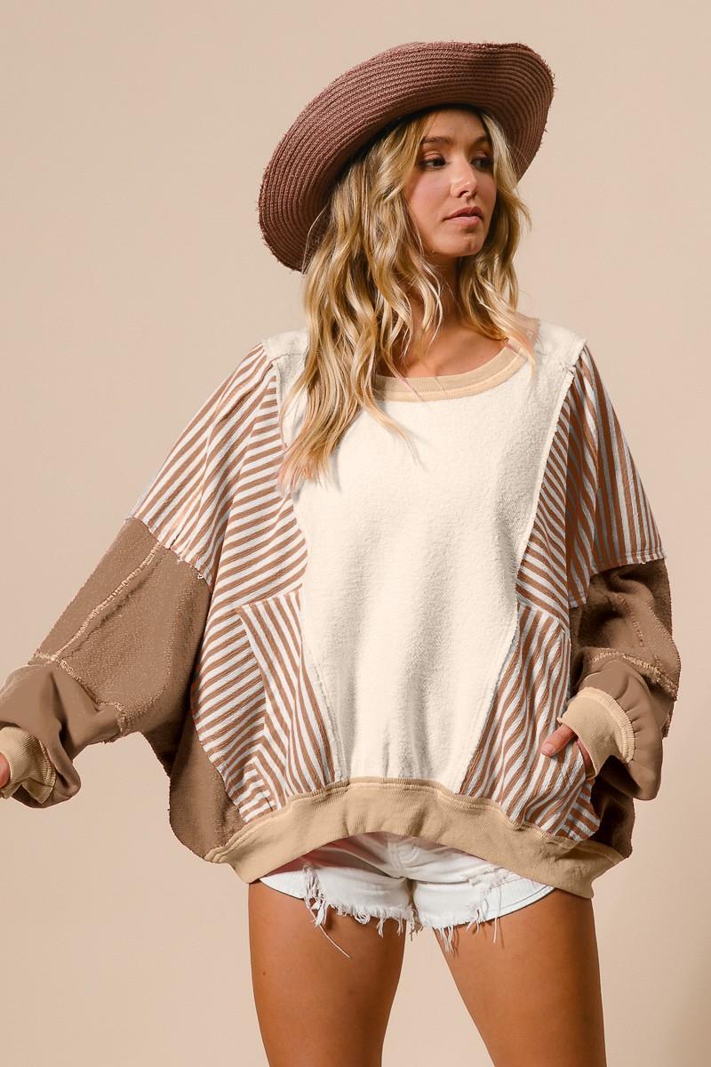 Heavy Loop Terry and Stripe Color Block Overlock Detail Pullover With PC