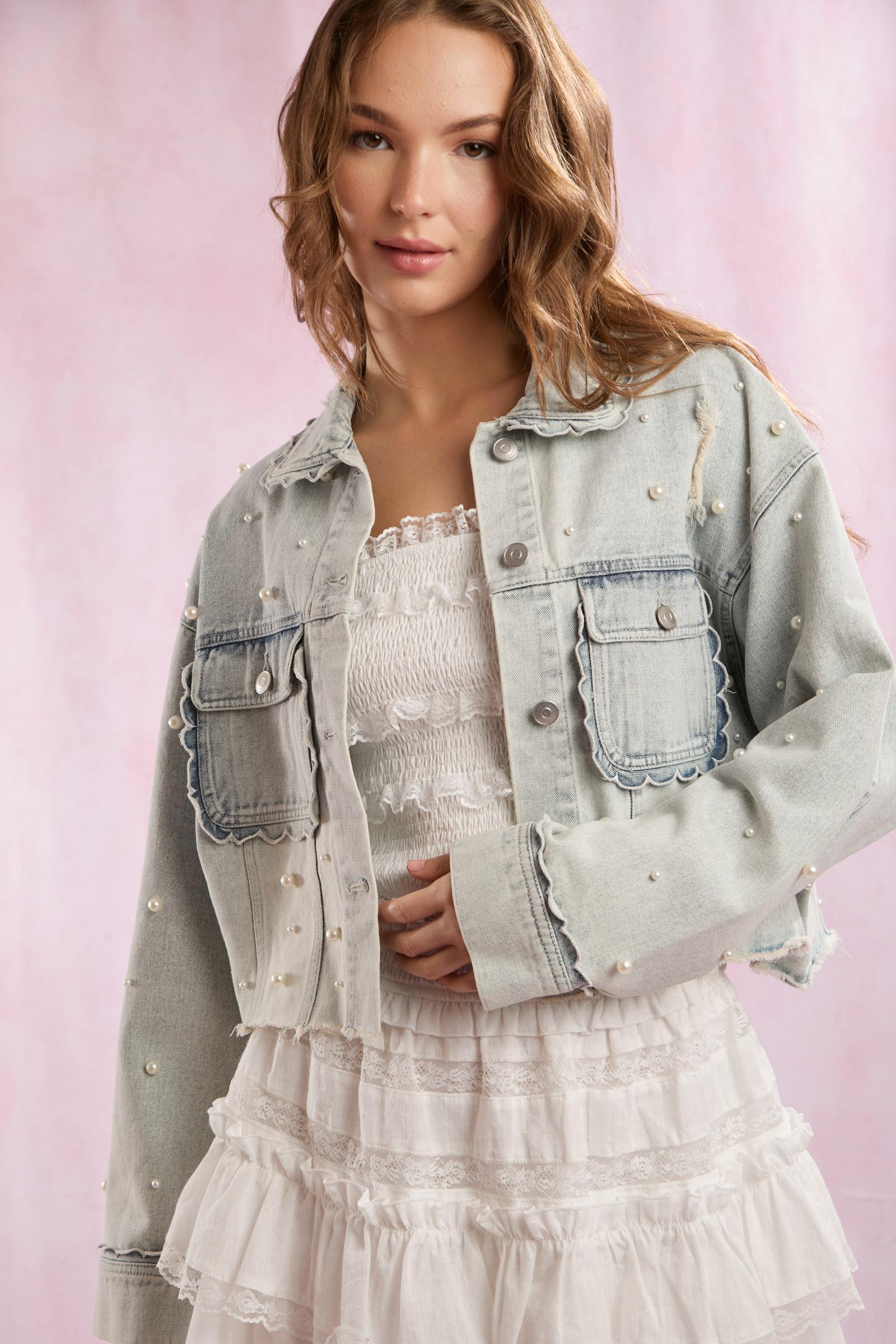 Scallop Detailed Pearl Embellished Denim Jacket Women’s trendy tops