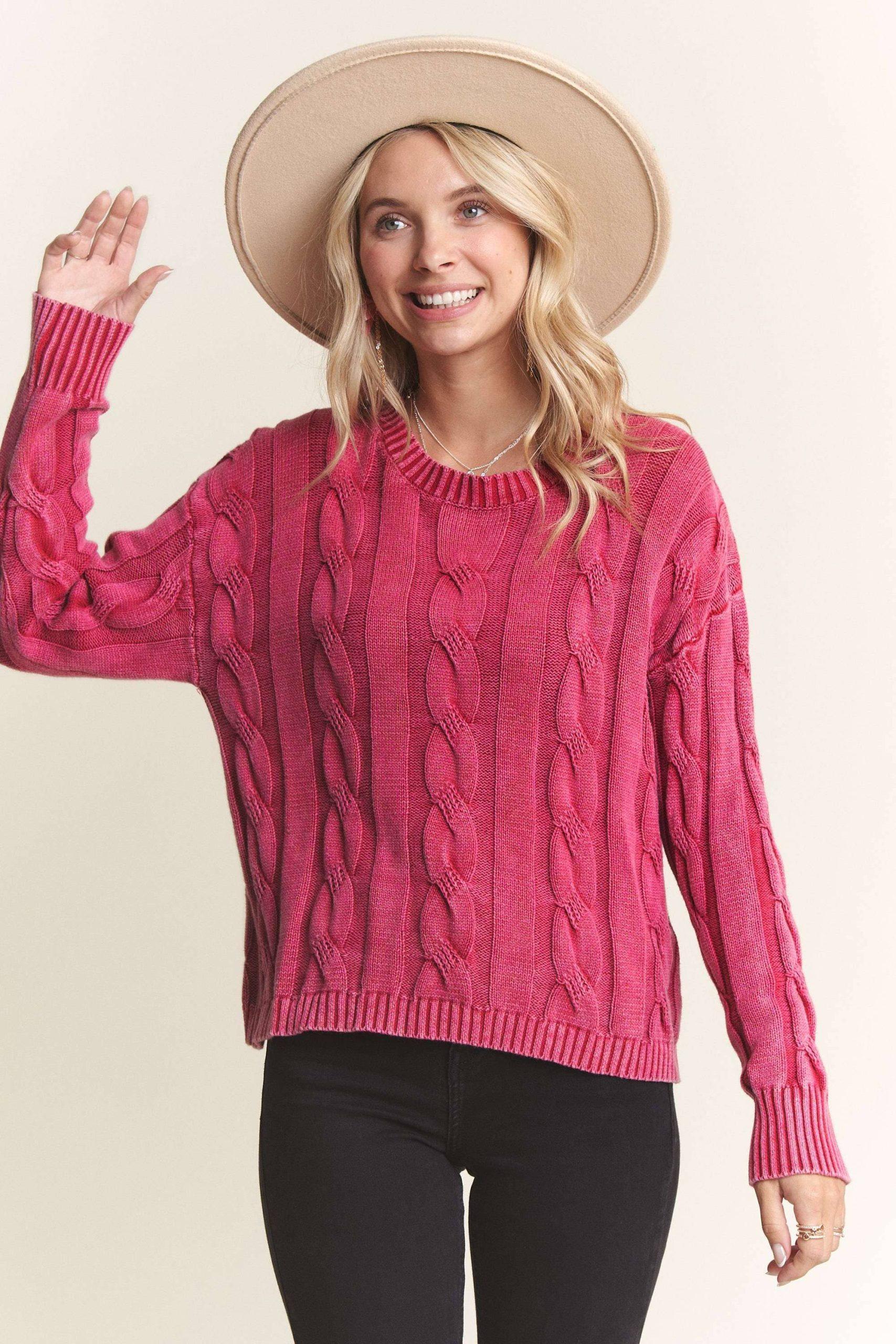 LESW3701- MINERAL WASHED CABLE KNIT SWEATER TOP