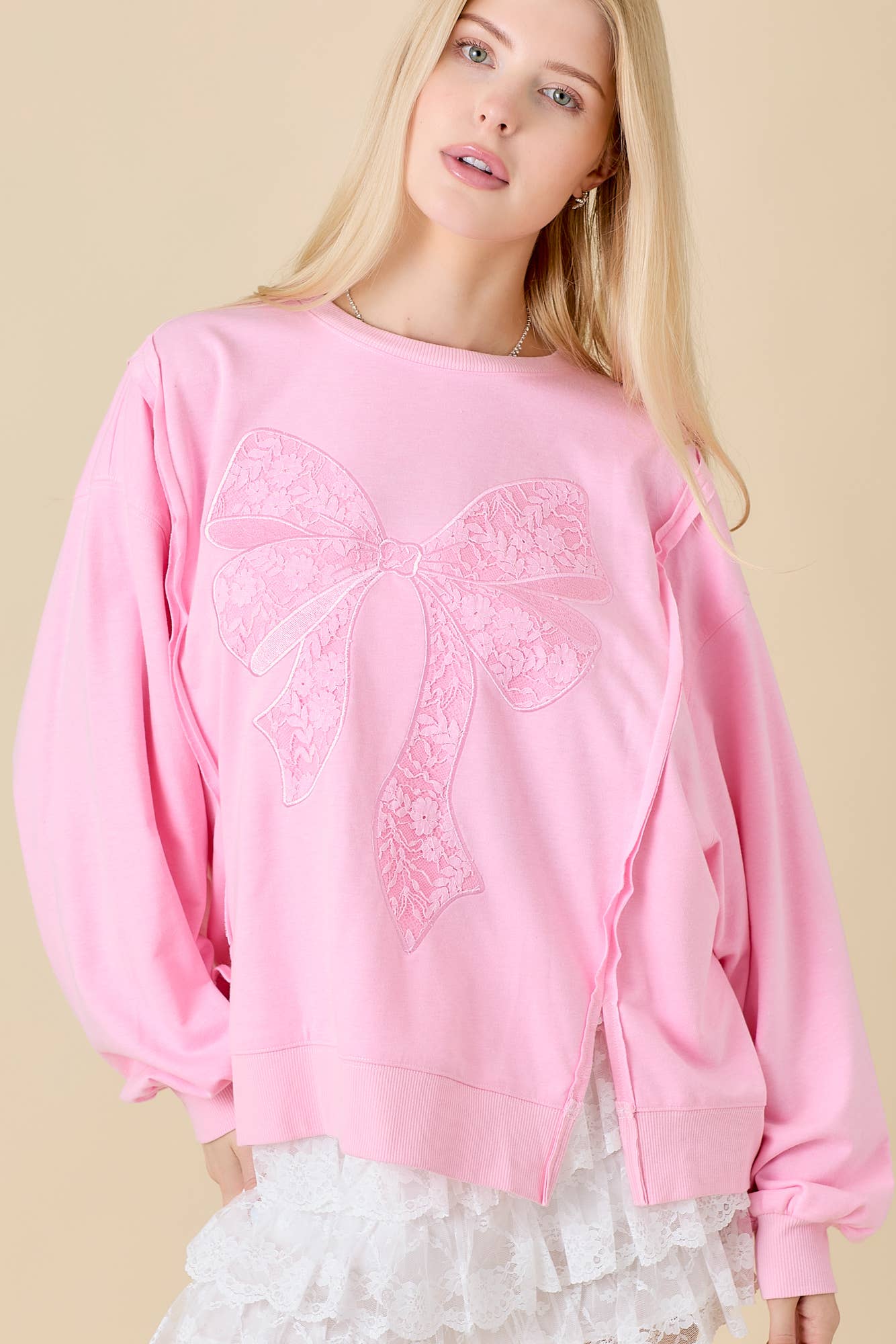 Lace Ribbon Bow Patchwork Crewneck Sweater