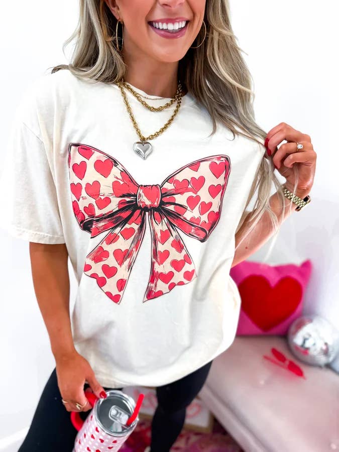 Red Hearts Coquette Bow Ivory Graphic Tee