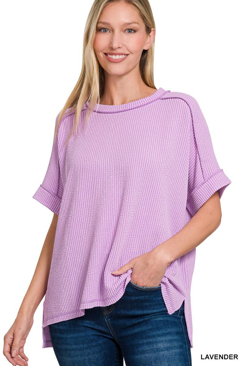 Corded Rib Cuff Sleeve Raw Edge Top