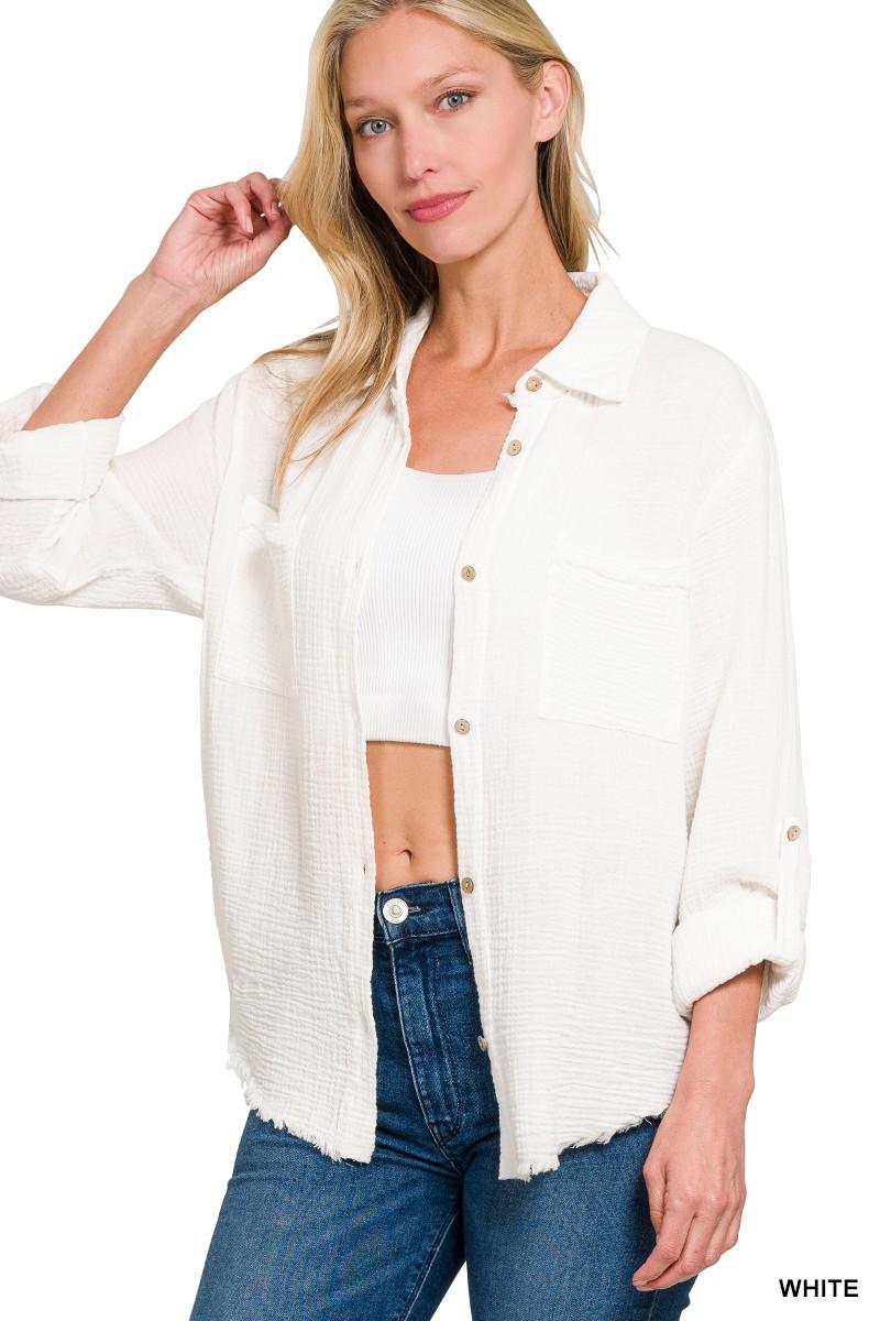 Double Gauze Button Down Roll- Up Long Sleeve