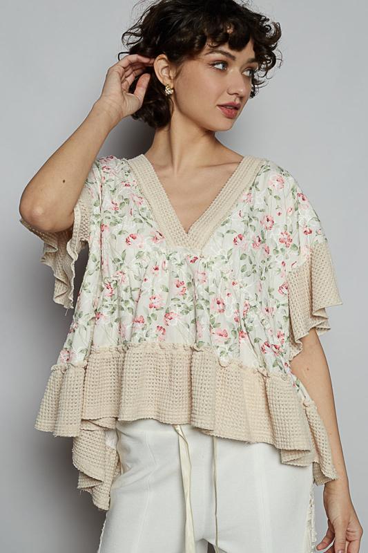 Floral Print With Shirred Ruffle Detail V-neck Short Sleeve Top